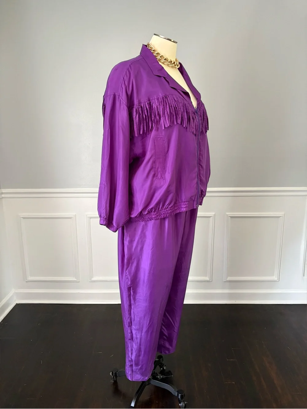 VTG Kathy White 100% Silk Fringe Tracksuit Set Purple Plus Size 4X NWT 1995